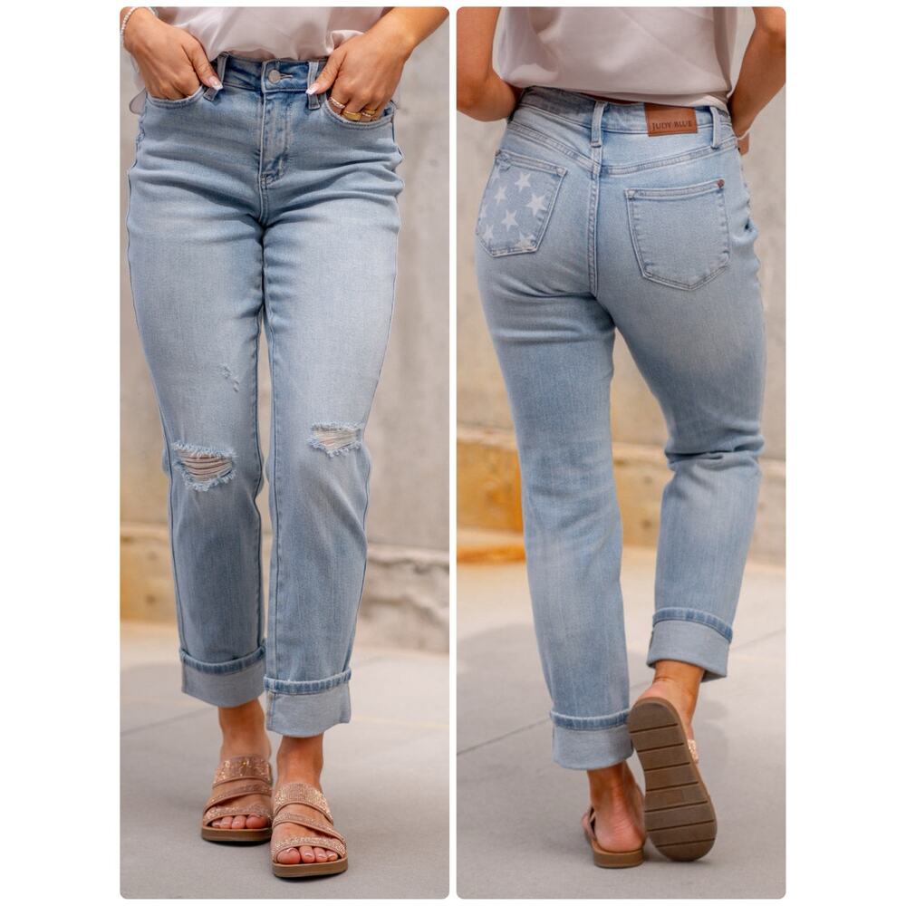 Judy Blue Star Pocket Mid Rise Boyfriend Jeans Light Wash Plus Size 24W Stretch